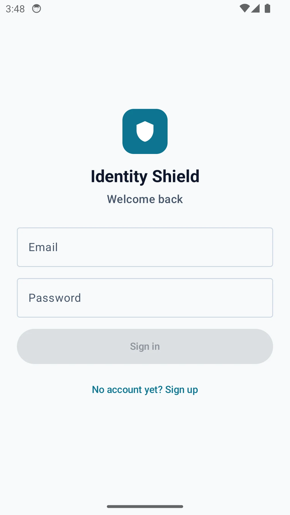 The Identity Shield Android sign-in screen.