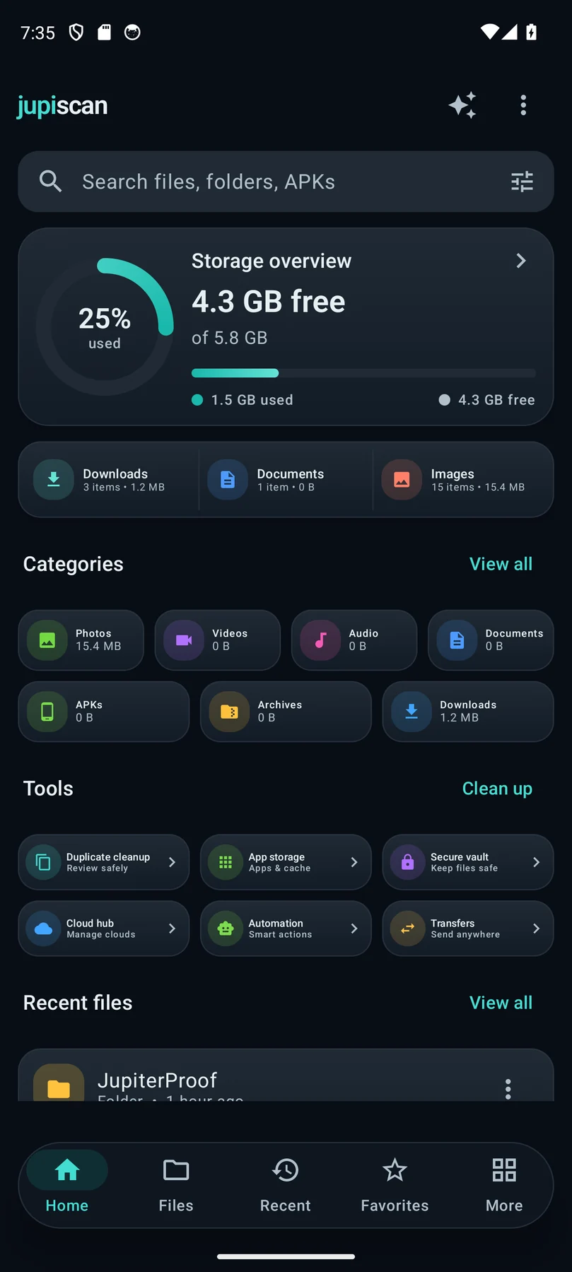 The Jupiscan Android app, showing a storage overview.