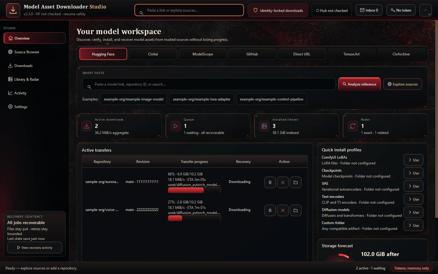 The Model Asset Studio workspace, showing a model library and download queue.