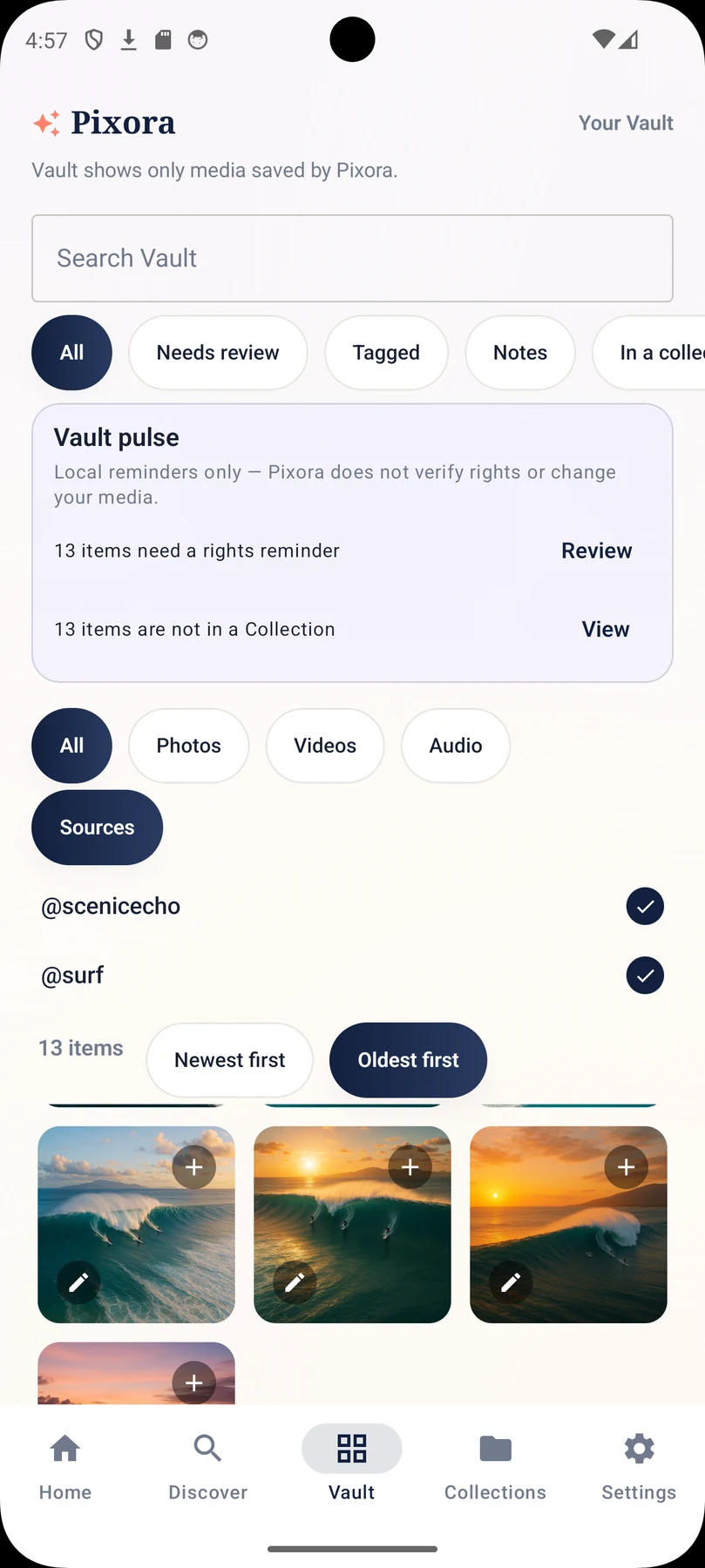 The Savedia Android app, showing the saved-media vault with collections and sources.