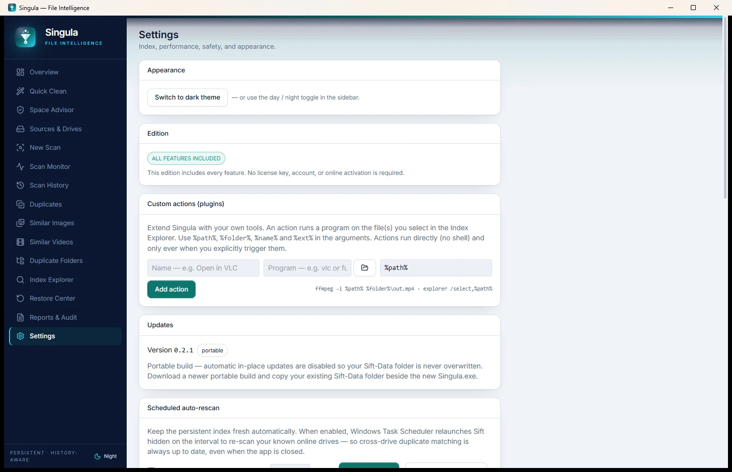 The Singula desktop interface, showing the settings workspace.