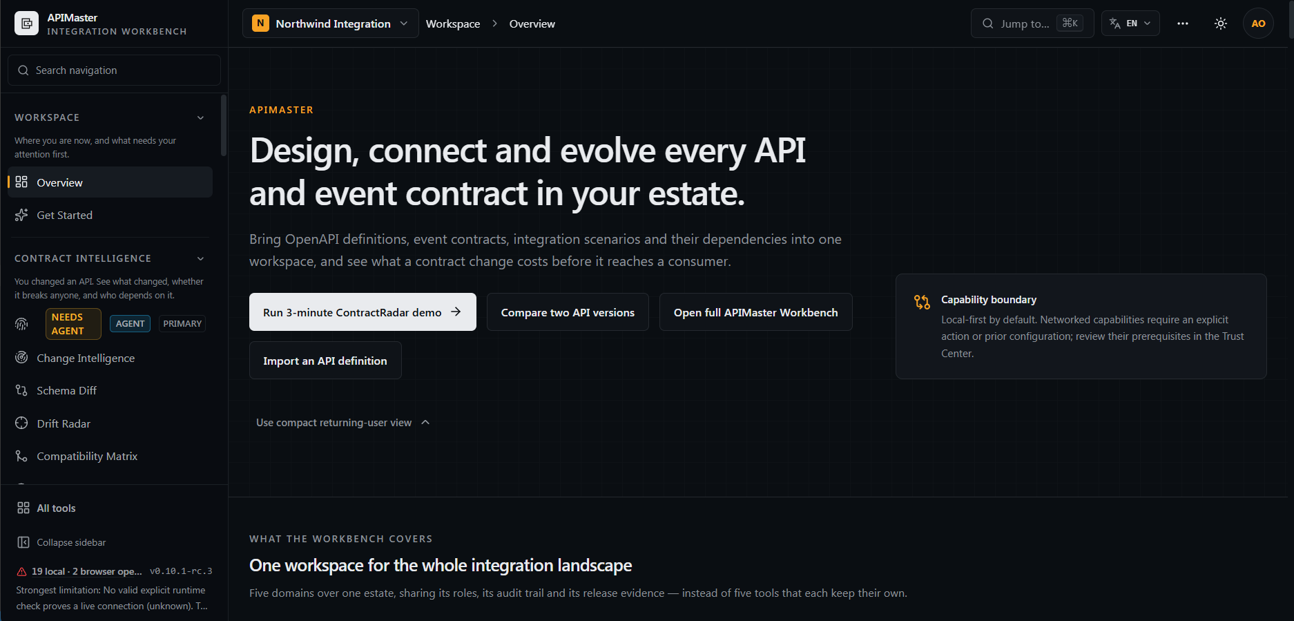APIMaster Integration Workbench overview in the Northwind Integration sample workspace.