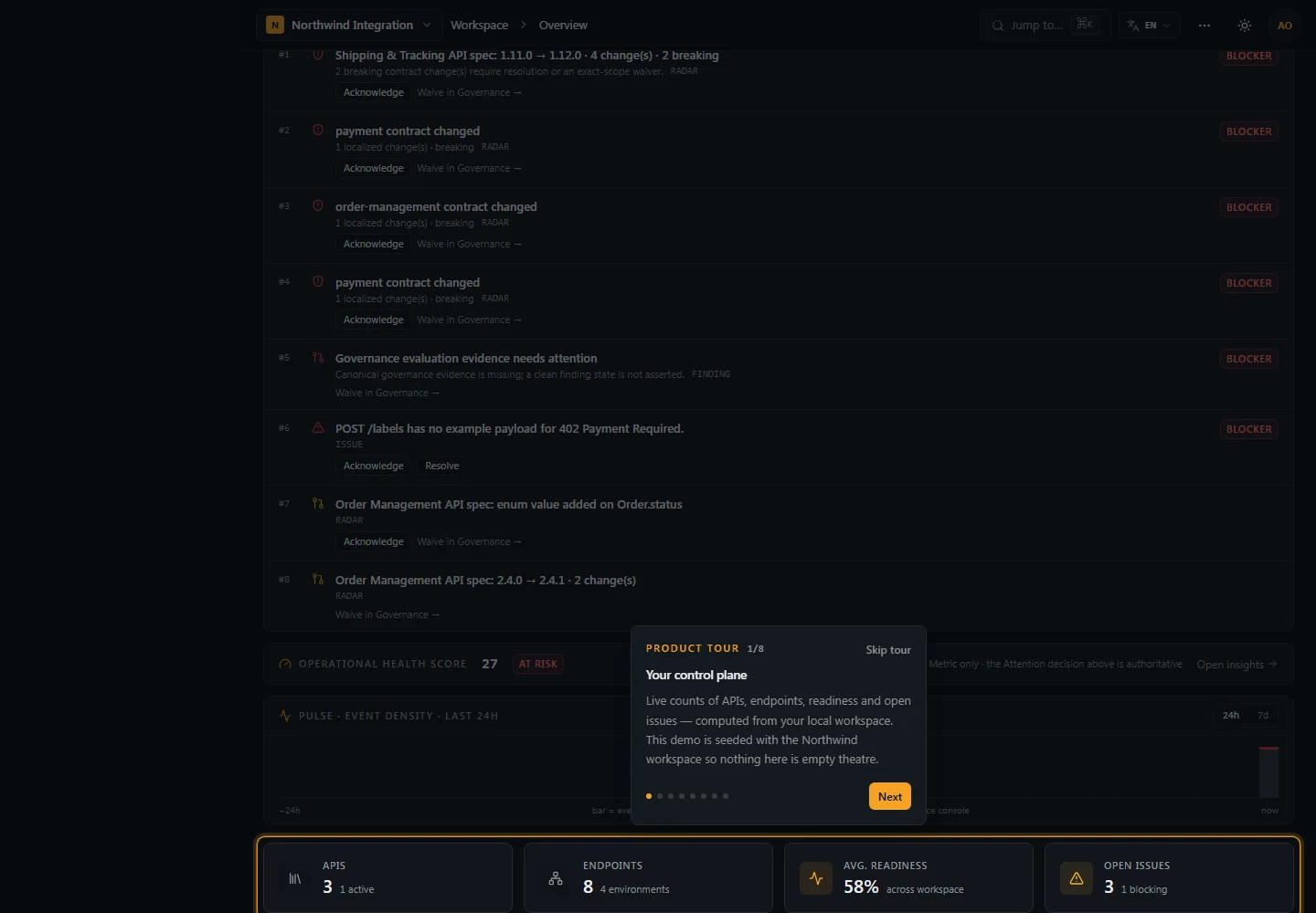 The APIMaster landing page, showing the integration workbench for API and event contracts.