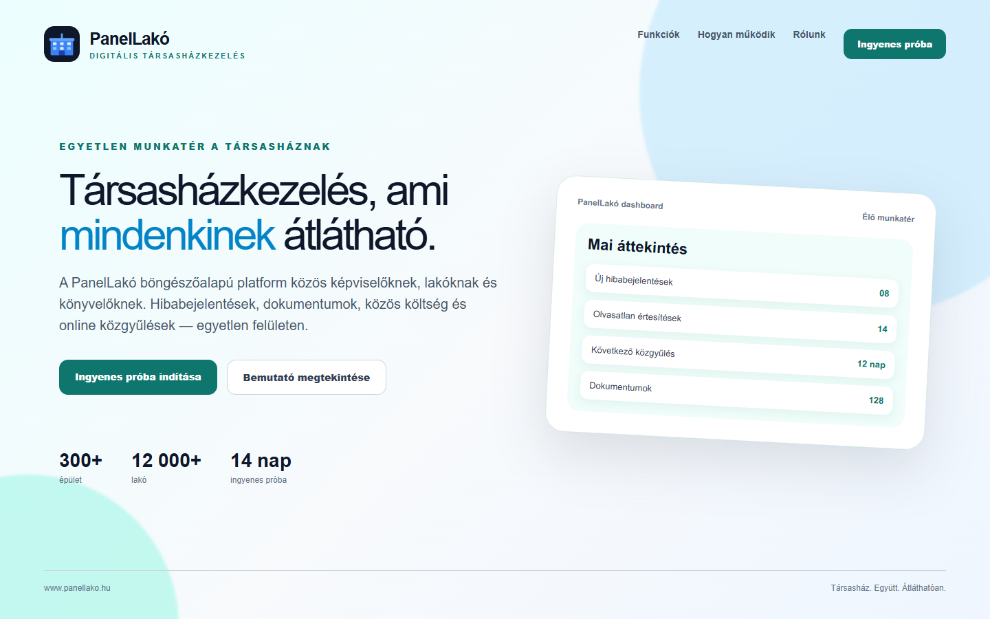 PanelLakó landing preview with a condominium operations dashboard and building workspace overview.