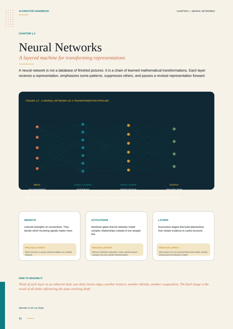 Handbook page explaining neural networks as a transformation pipeline.