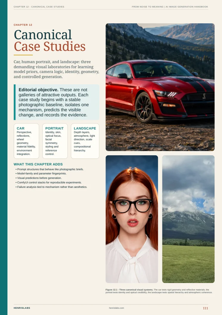 Handbook chapter opener on canonical case studies, with car and portrait plates.